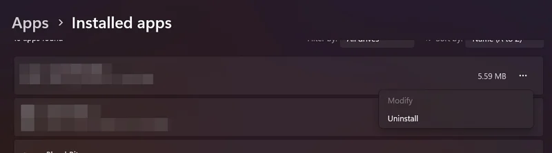 uninstall apps on windows 11