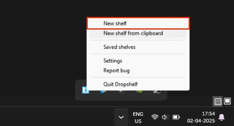 using the new shelf option in dropshelf system tray icon to create a new shelf.