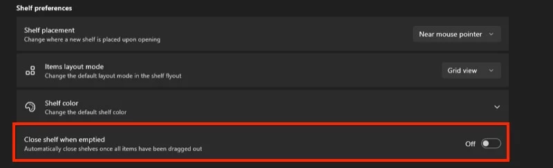 toggling off the enabling the close shelf when emptied option in dropshelf settings.