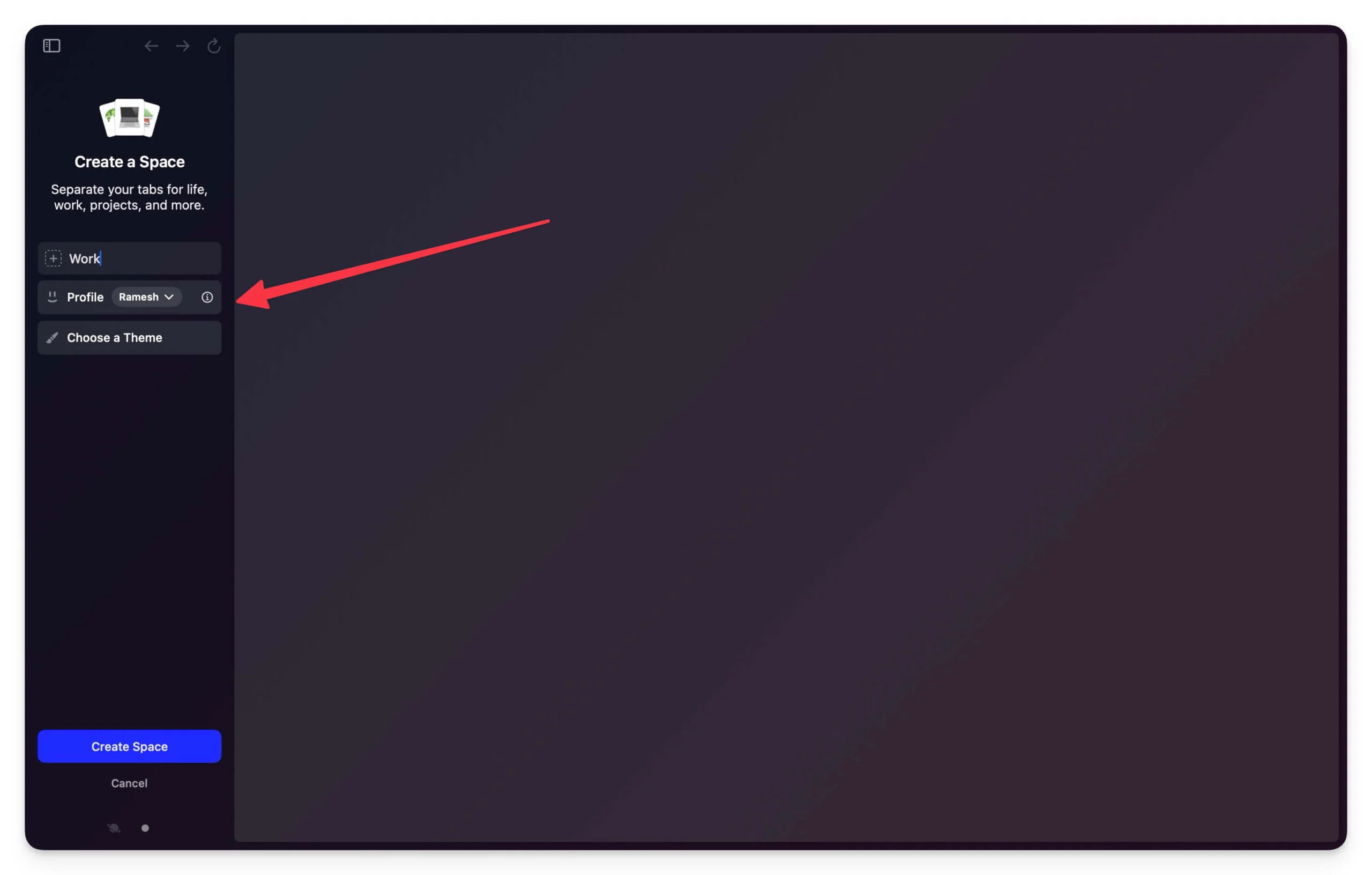 create space in arc browser