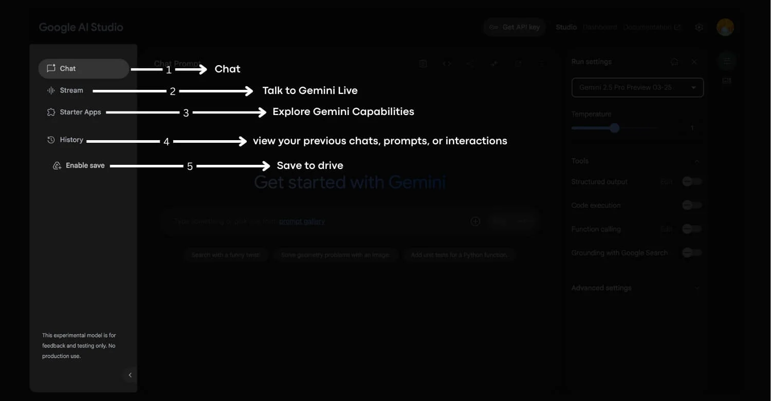 google ai studio sidebar items explained