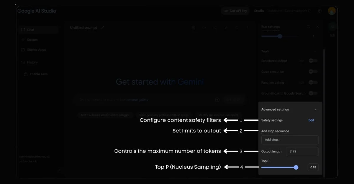 google gemini ai studio run advanced settings explained
