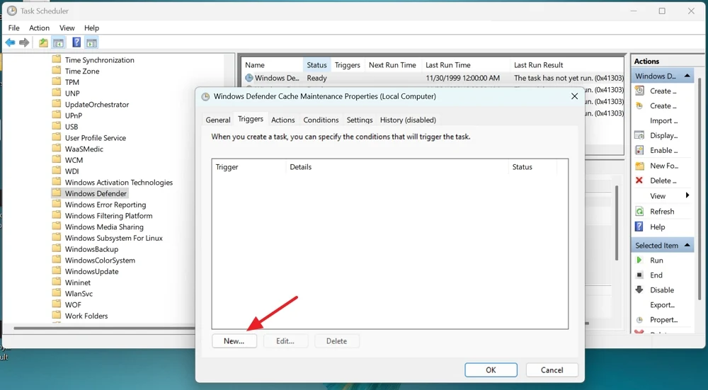 create new task schedule for windows defender