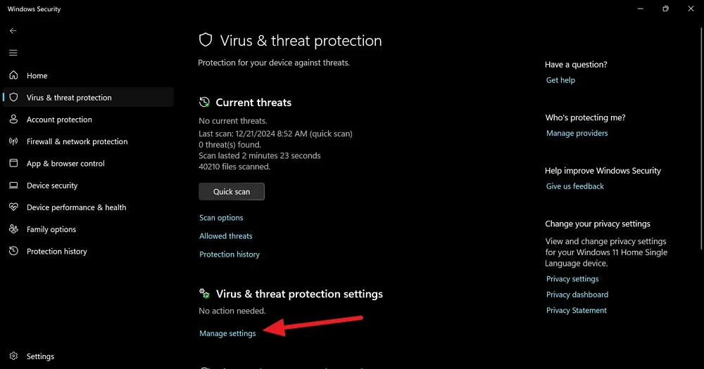 manage settings on windows security