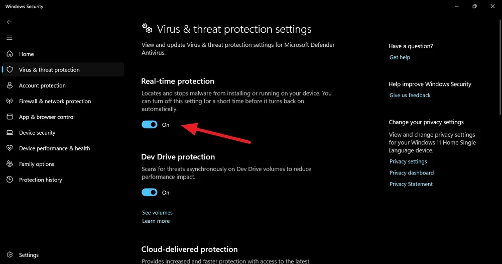 turn off realtime protection in windows security