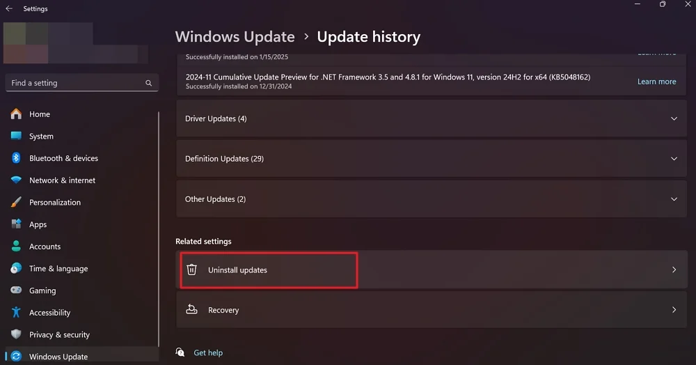 uninstall updates on windows 11