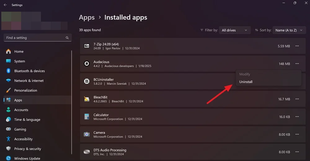 uninstall apps on windows 11