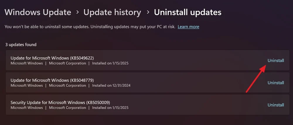 select updates to uninstall on windows 11