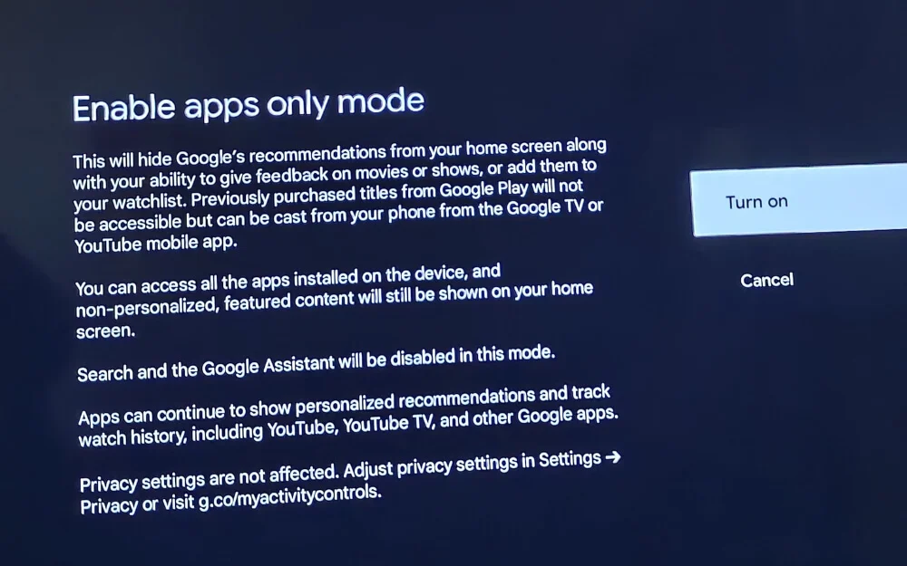google tv app only mode settings