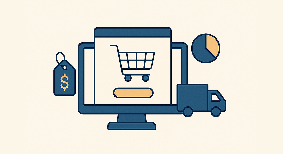 Computer screen with a shopping cart icon, price tag, delivery truck, and pie chart, representing how computer vision helps online retailers automate inventory management, improve fit recommendations, and reduce returns.