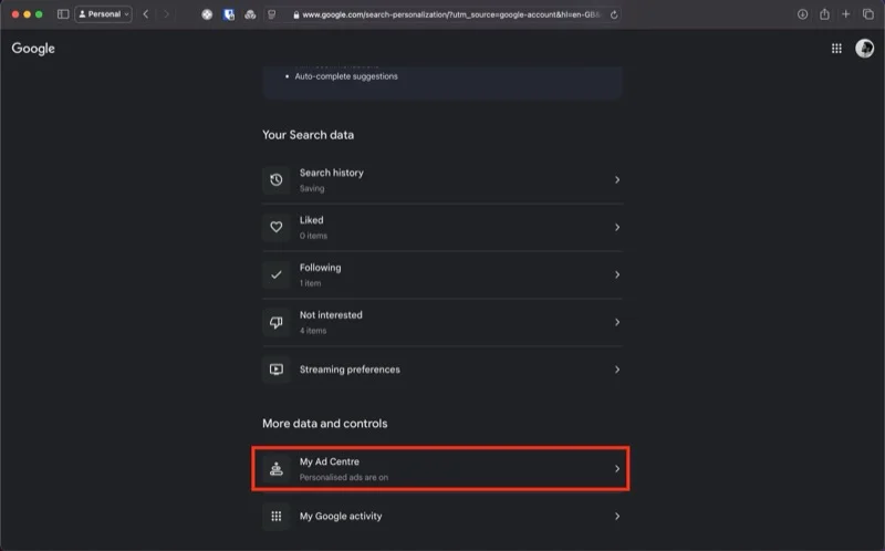 my ad center option on the personalized ads page.