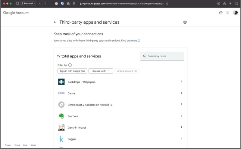 list of all third-party apps and services with access to google account.