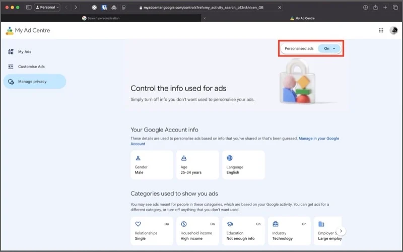 personalized ads toggle to disable ad personalization.