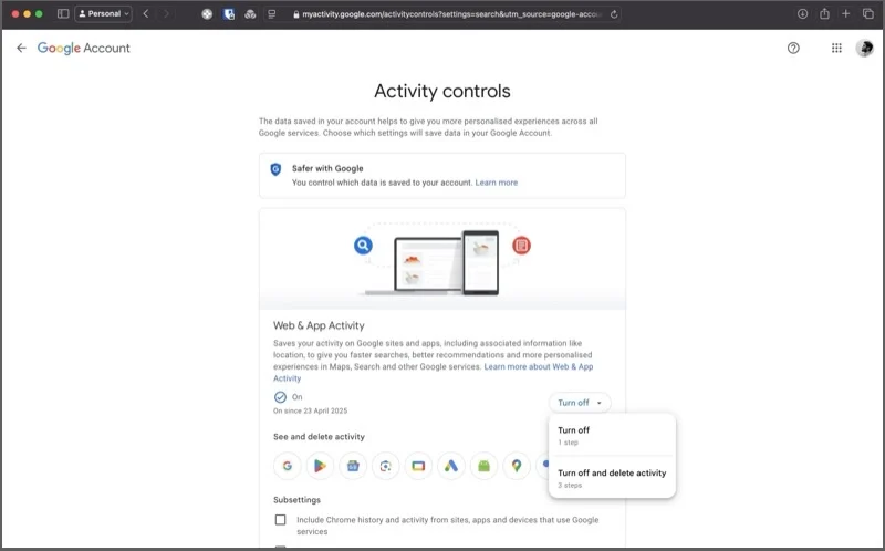 options to pause web & app activity.