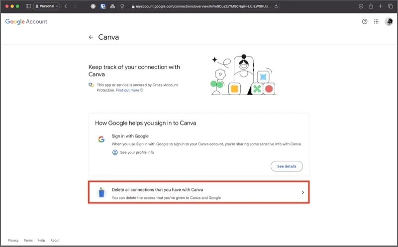 deleting all connections with an app to revoke access to google account.