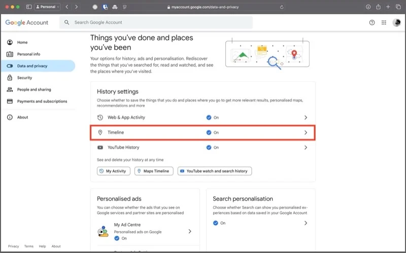 timeline option on the google account page.