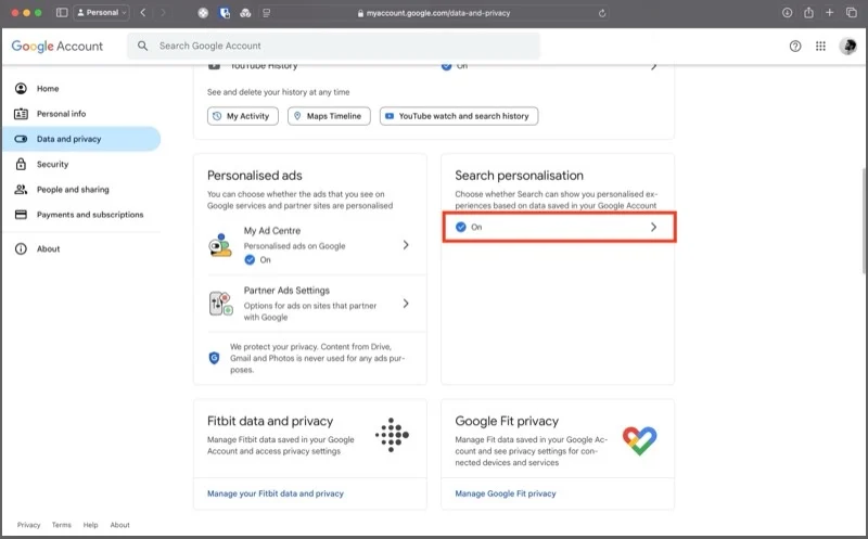 search personalization tab on google account page.
