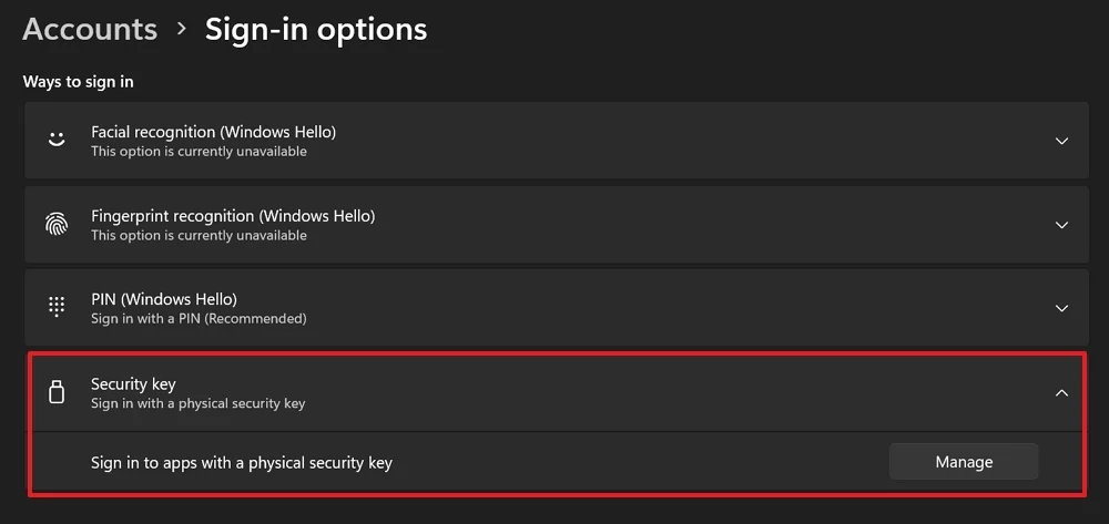 security key options on windows 11