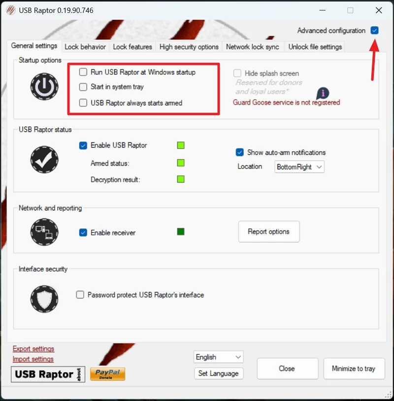 advance configuration on usb raptor