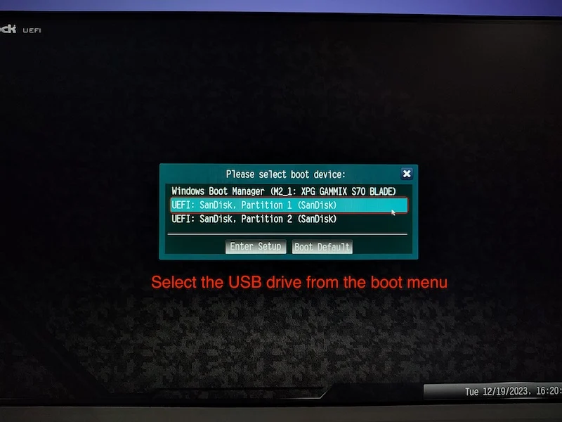 select the usb drive from the boot menu