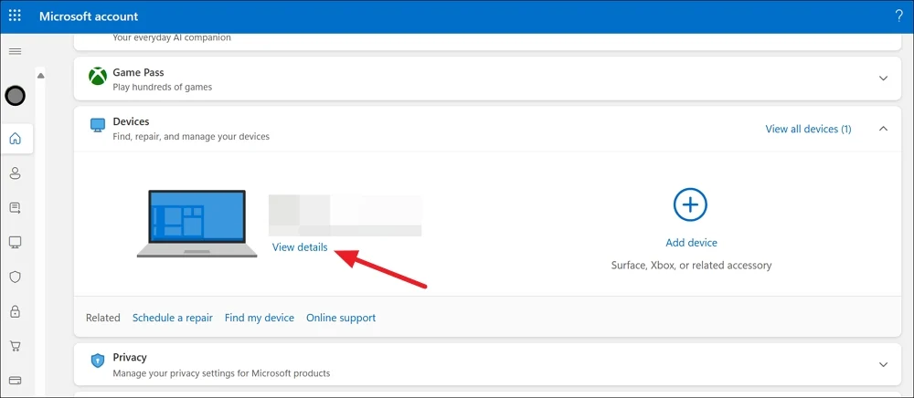 windows 11 device on microsoft account page