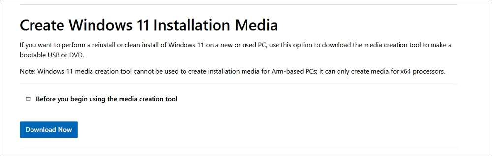 installation media on microsoft downloads page
