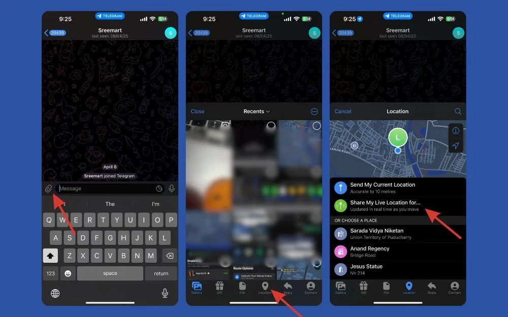 how to share live location in telegram