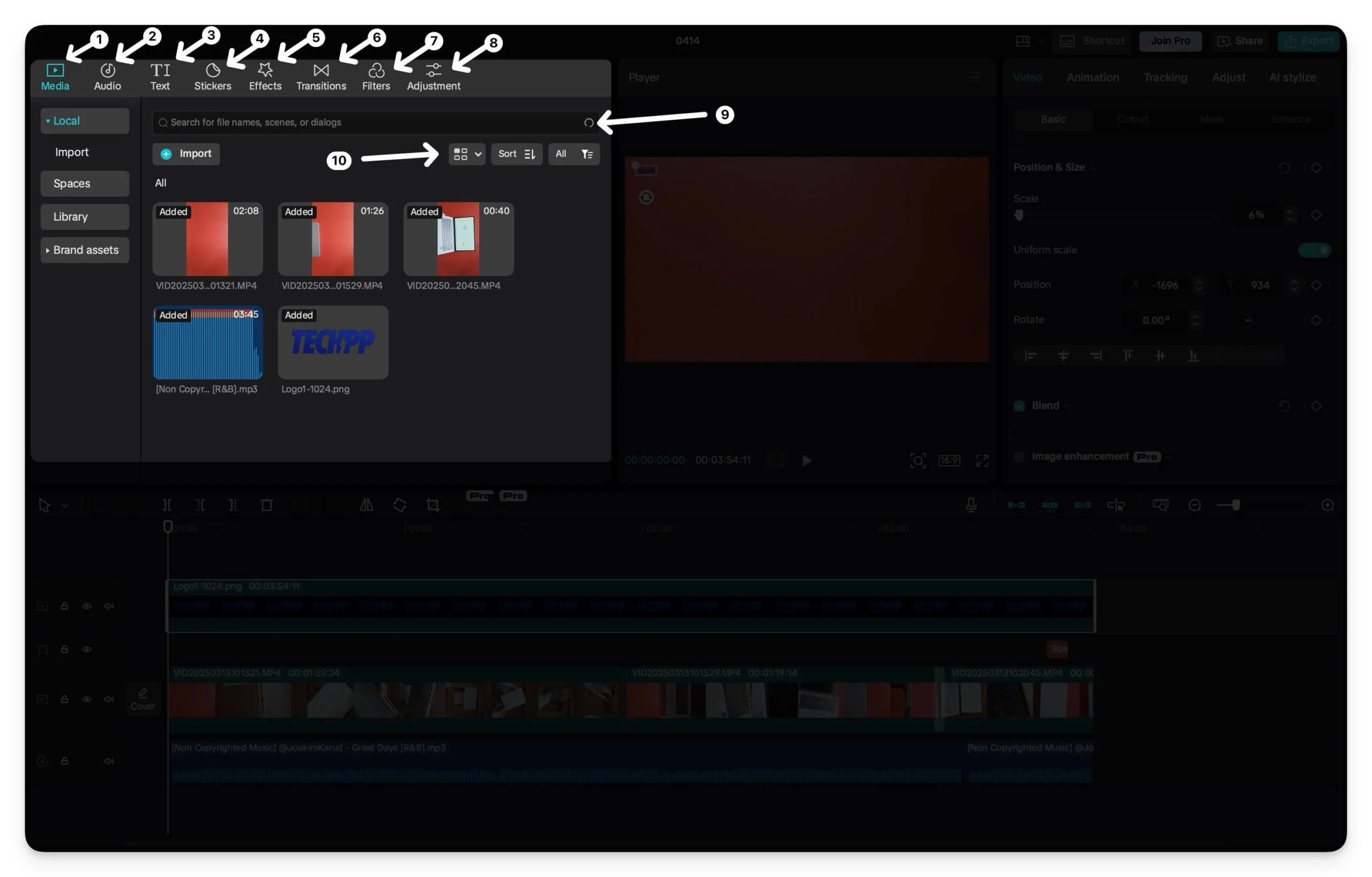 capcut main interface: import and top toolbar icons meaning 