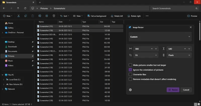 using the image resizer powertoys tool to resize multiple images on a windows pc.