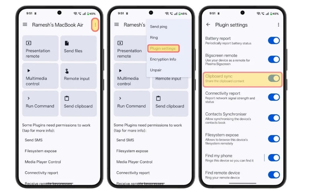turn on clipboard sync in kde connect app