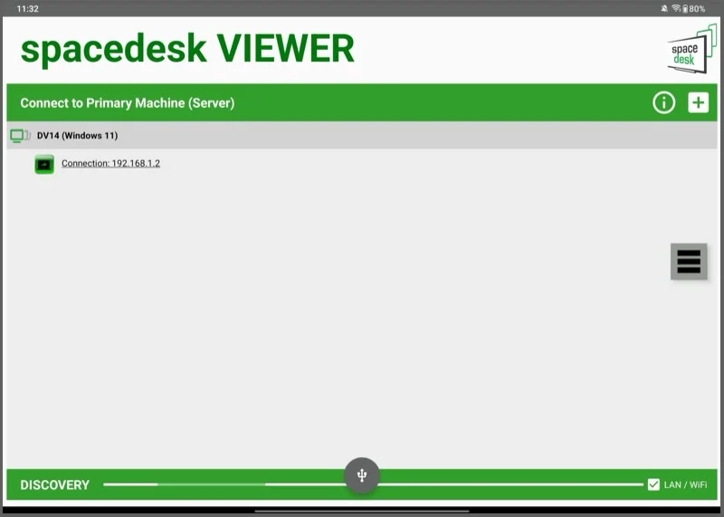 spacedesk viewer app listing the pc on the local network.