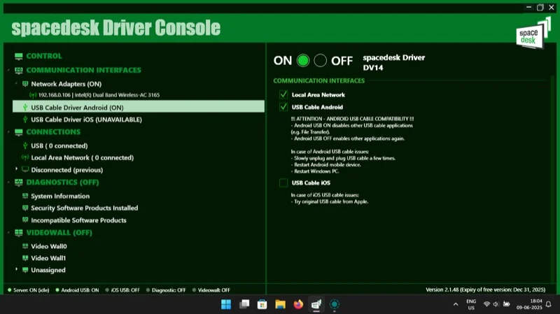 enabling usb cable android setting in spacedesk server app on a windows pc.