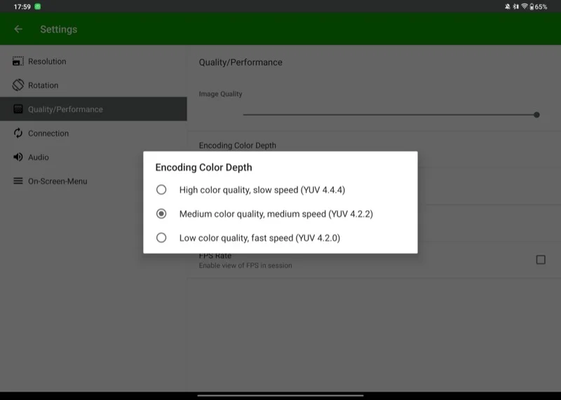 setting encoding color depth in the spacedesk viewer app.
