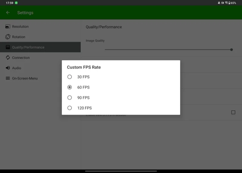 setting fps rate in the spacedesk viewer app.