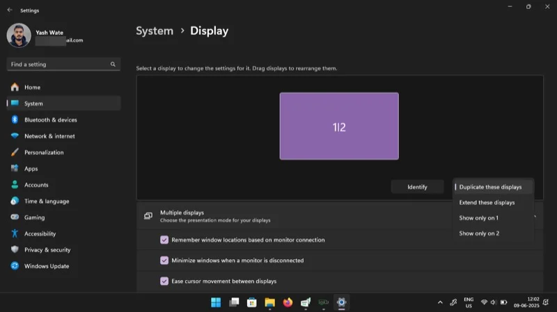 changing display mode for the secondary display in the settings app on a windows pc.