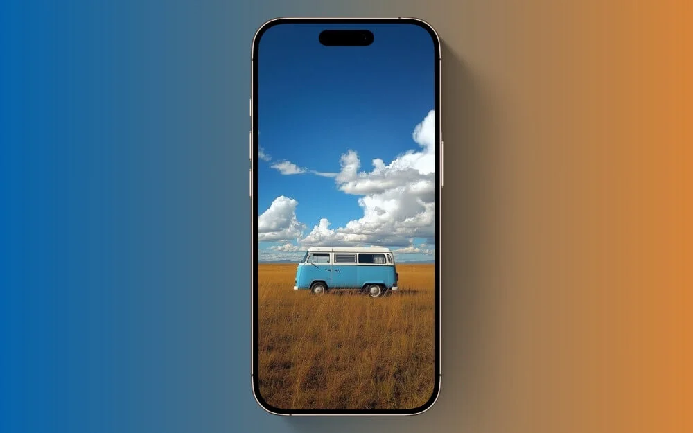 blue van in open field lock screen wallpaper