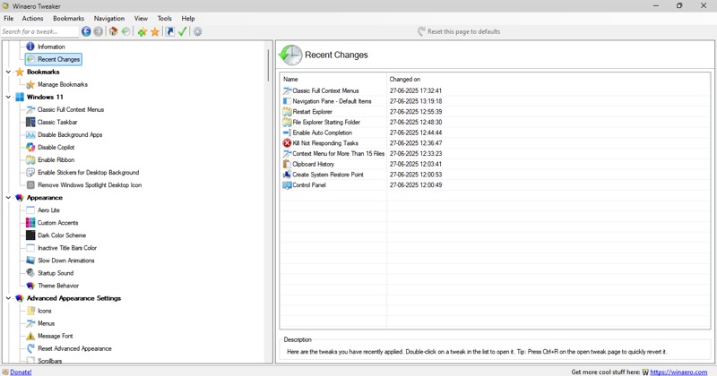 recent changes tab in the winaero tweaker app on a windows pc.