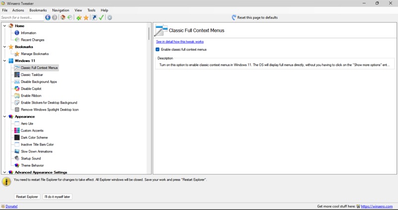 winaero tweaker prompting to restart file explorer upon enabling a tweak.