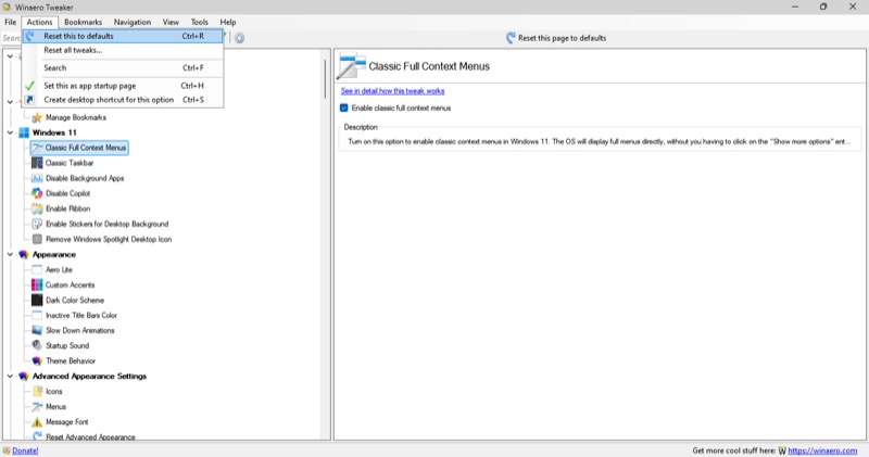 resetting a winaero tweaker tweak to its default settings.