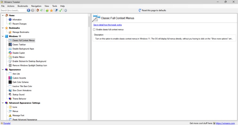 classic full context menu tweak in winaero tweaker on a windows pc.