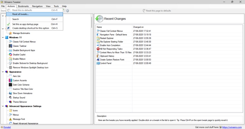 resetting all winaero tweaker tweaks on a windows pc at once.