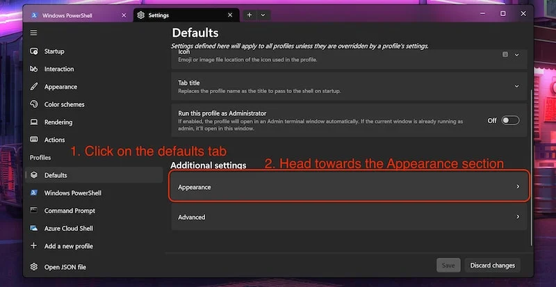 open appearance section under defaults tab