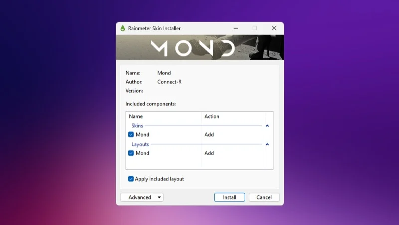 rainmeter skin installer on a windows pc.
