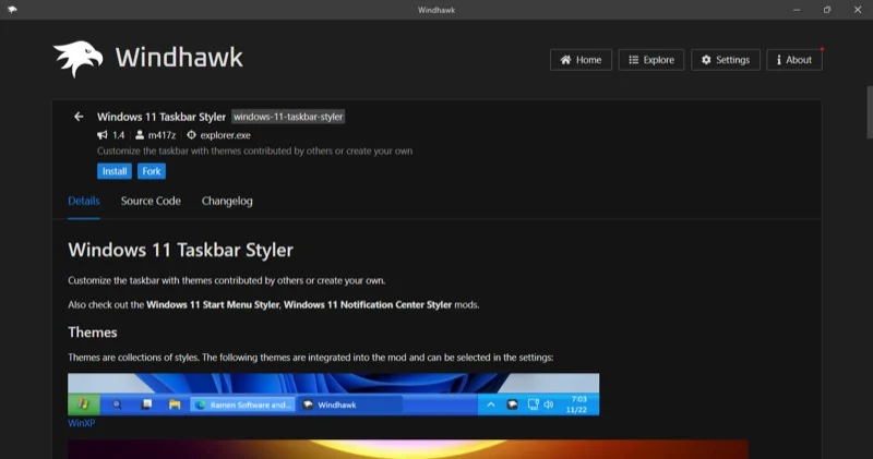 details page of a windhawk tweak on a windows pc.