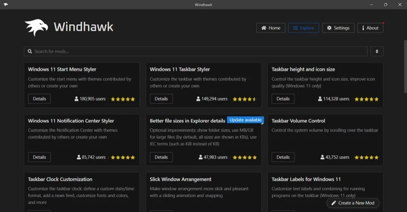 explore tab in the windhawk app on a windows pc.
