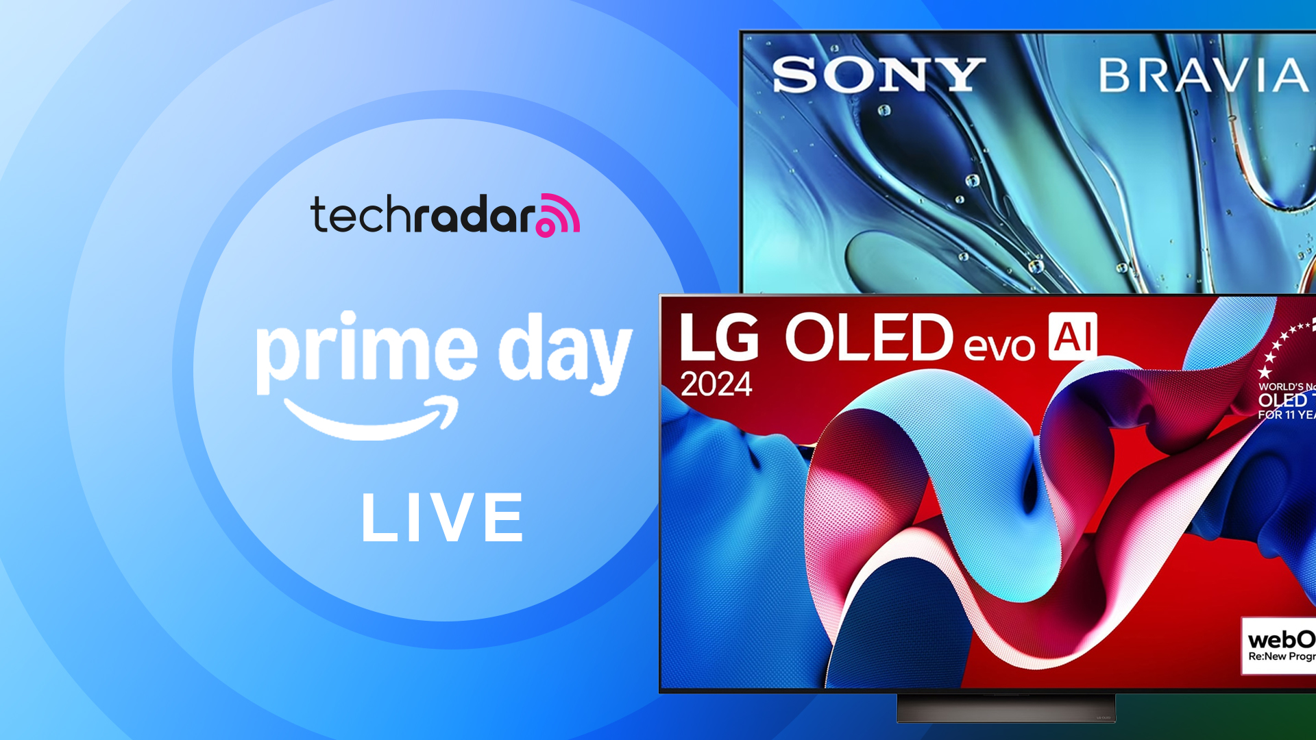 أجهزة تلفزيون Sony و LG مع لافتة تقول & quot ؛ Prime Day Live & quot ؛