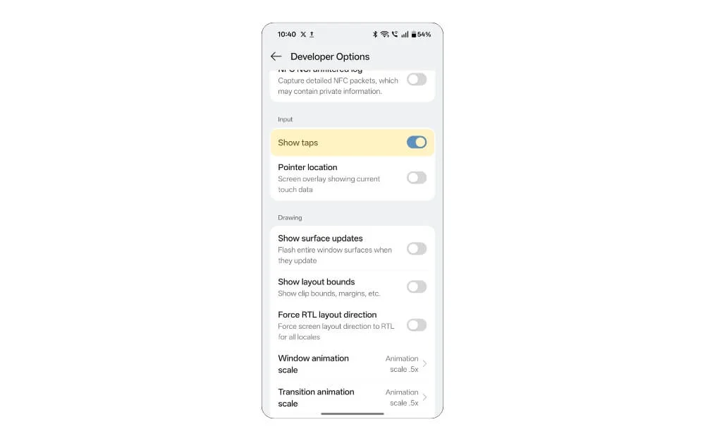 show taps on android