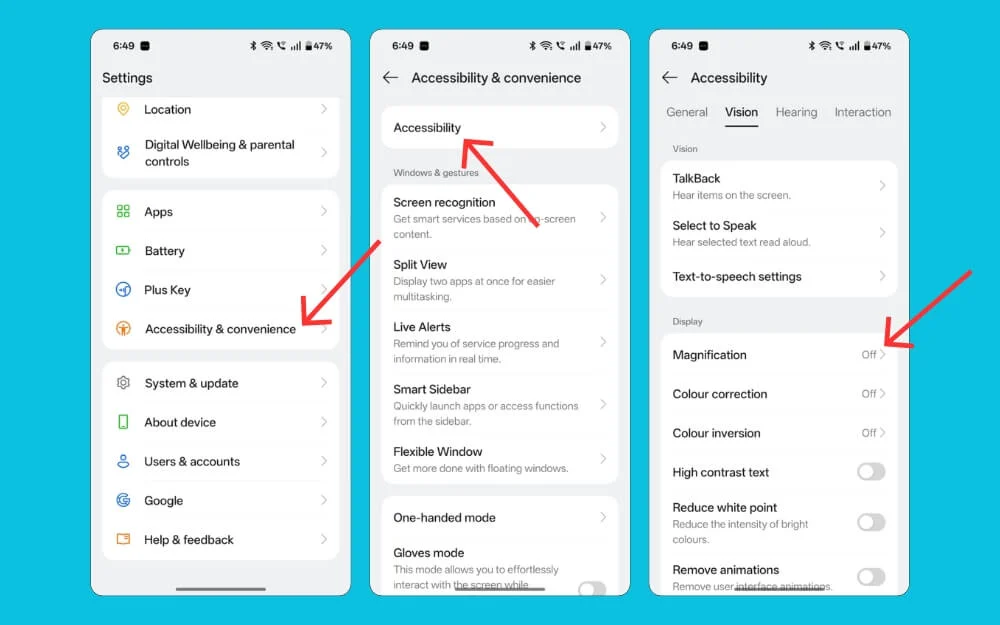 how to turn on magnification settings on android