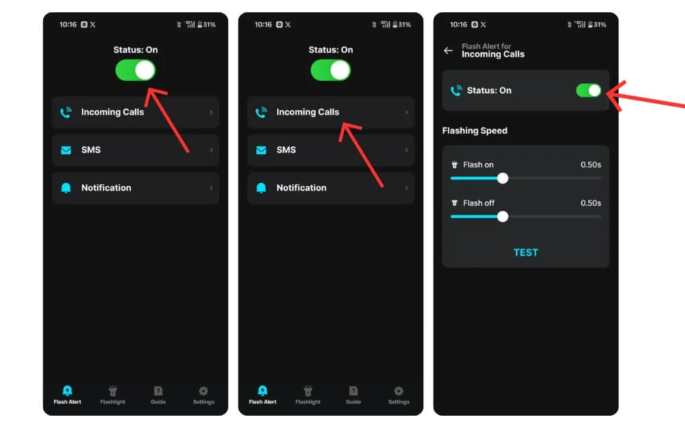 how to set flash notifications on android