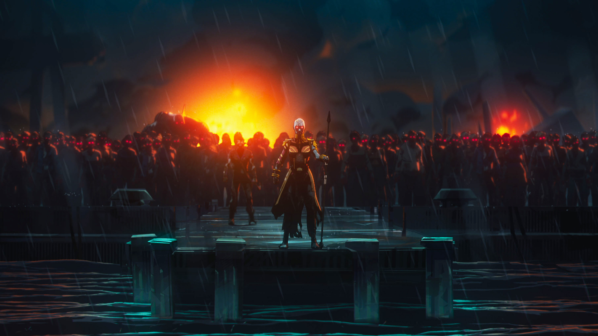 Okoye ve Marvel Zombies'de bir plajda duran bir zombi kalabalığı
